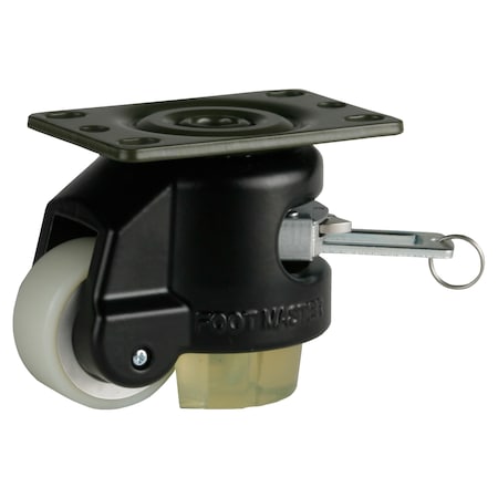 Foot Master Leveling Caster, Ratchet, 50 mm PU Wheel, 2-1/2 x 3-1/4 Plate, Swivel, 250 kg Cap, PU Pad, Black GDR-60-F-HUP-CUR-FBL-PUS